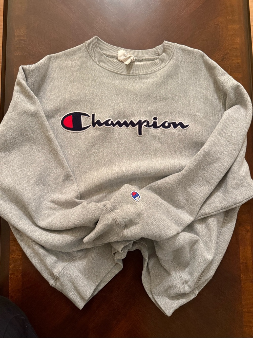 Champion Light Gray Crewneck Sweatshirt with Navy & Red Logo